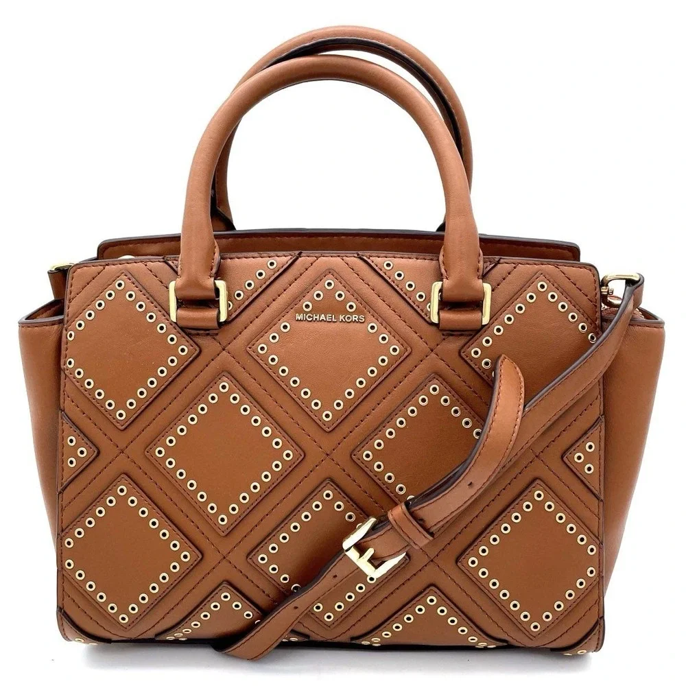Michael Kors Women's Saddle Leather Studded Diamond Satchel Crossbody COA